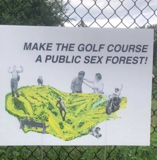 This meme is a play on the phrase "Make Love, Not War" and replaces "Love" with "Fore", a golf pun. The image likely features a picture of a golf course or golfers in a humorous or ironic way. The text "Make the golf course... a public sex forest" is a tongue-in-cheek suggestion to transform a golf course into a more... unconventional recreational area.